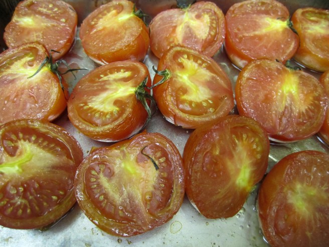 Tomatoes ready to go into the oven.