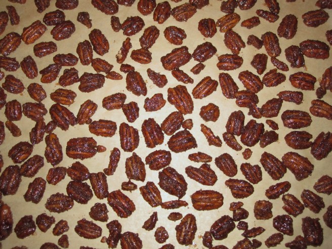 Coated pecans ready for the oven