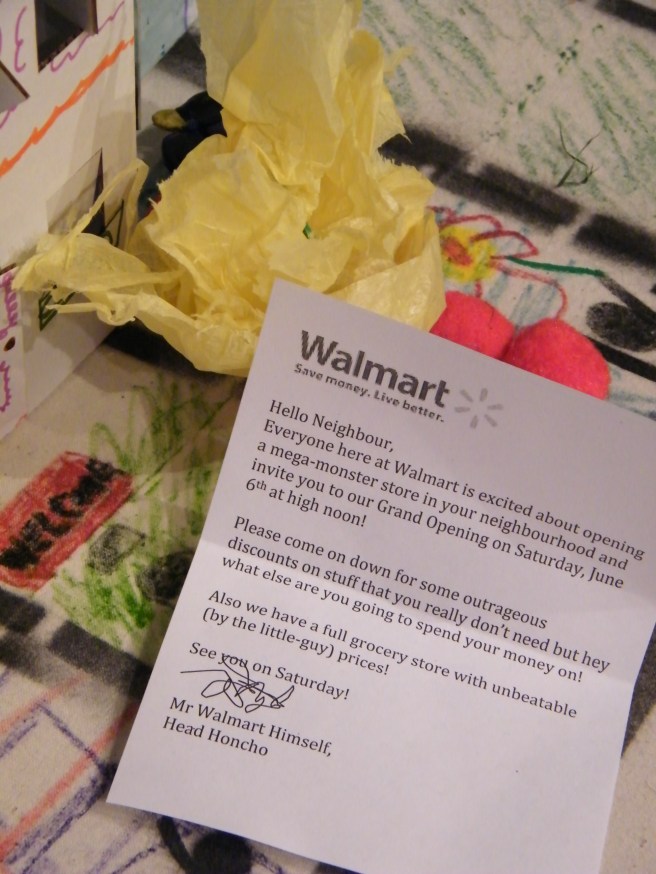 A letter from "Walmart" left on a neighbourhood doorstep, ominously promising to move into the neighbourhood.