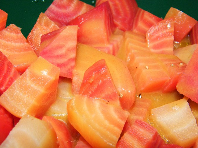 The dressed beets are yellow and white striped than rather than beet-coloured.
