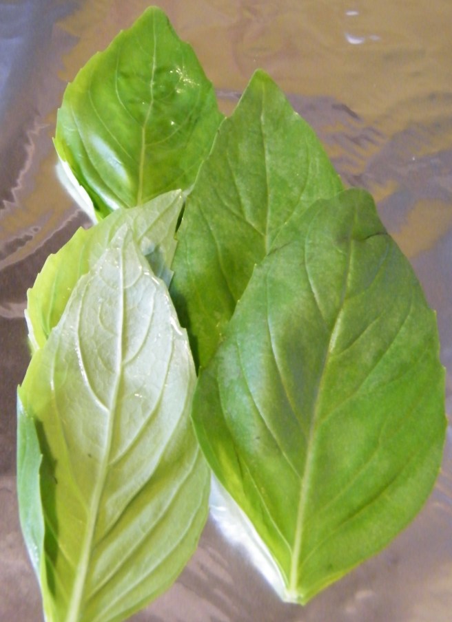 A bed of whole basil leaves for the salmon to rest on.