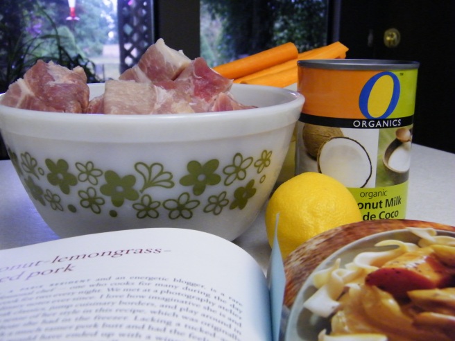 Ingredients at the ready, behind a cookbook laid open on the counter.