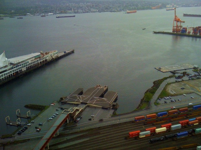 Looking from the top of the Vancouver Lookout over the rail lines and cruise ship dock. Looking from the top of the Vancouver Lookout over the rail lines and cruise ship dock.