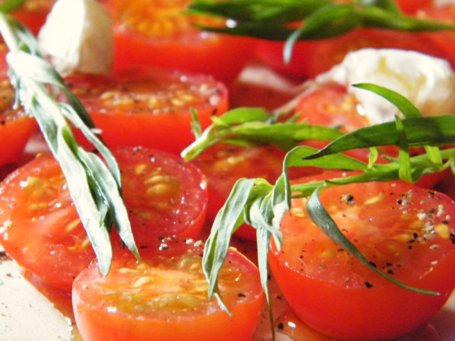 The tomatoes, seasoned with tarragon, garlic, coarse pepper and sea salt, ready to go into the oven. The tomatoes, seasoned with tarragon, garlic, coarse pepper and sea salt, ready to go into the oven.