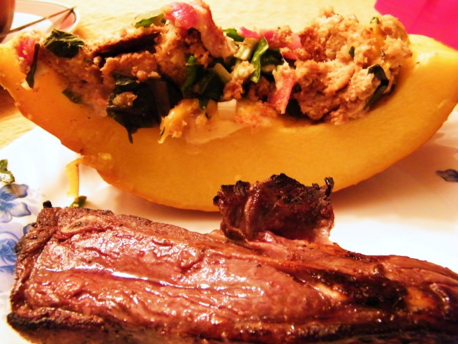 Stuffed pumpkin and venison steak.