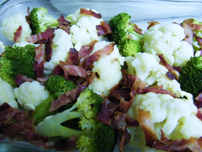 Lots of bacon, cauliflower, and broccoli. Lots of bacon, cauliflower, and broccoli.