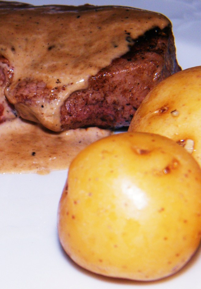 Broth braised potatoes with a great steak.