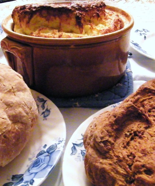 The soufflé, with a preview of Tuesdays with Dorie's Irish soda bread assignment.