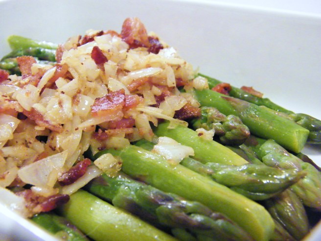 Asparagus with bits of bacon.