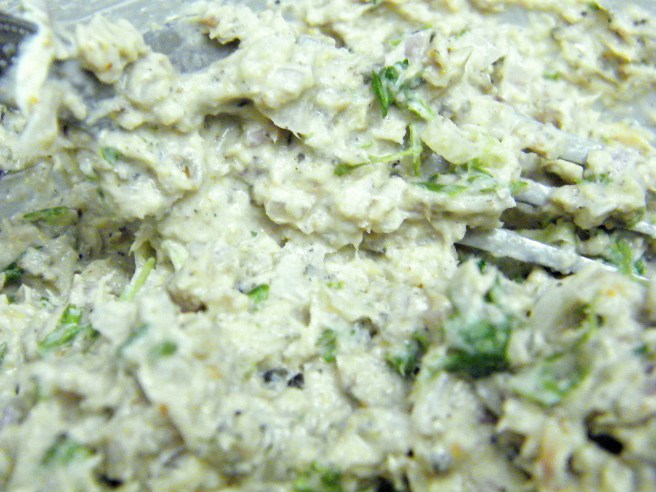 Sardines mashed into cream cheese, green onions, shallots, herbs and lime.