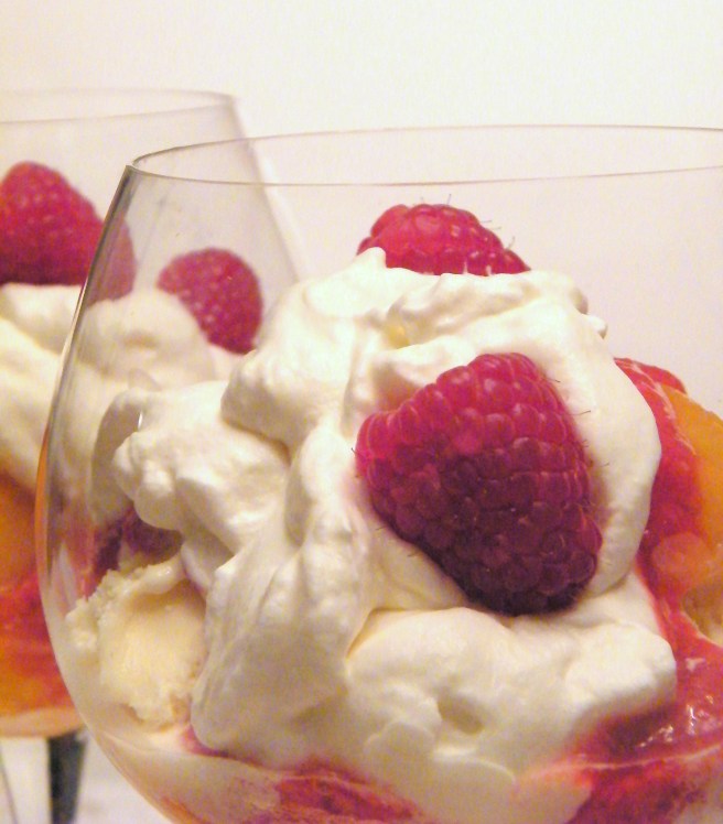 Peach Melba, in a brandy snifter.