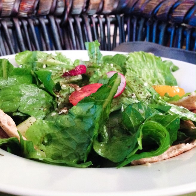 Fattoush on a wicker tray