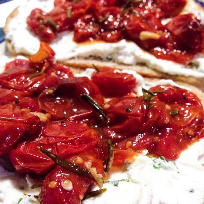 Cherry Tomato Crostini with Herbed Water Buffalo Cheese