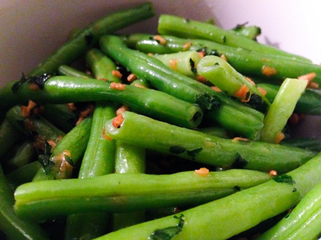 Lemony garlic butter on green beans.
